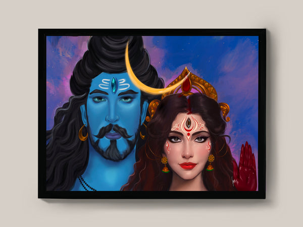 divine love story, ancient mythology, tradition, modern technology, digital art, Lord Shiva, Goddess Parvati, symbolism, contemporary, art enthusiasts, spiritual seekers